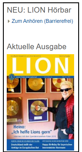 Screenshot der Seite www.lions.de mit der Option, den aktuellen LION barrierefrei vorlesen zu lassen.